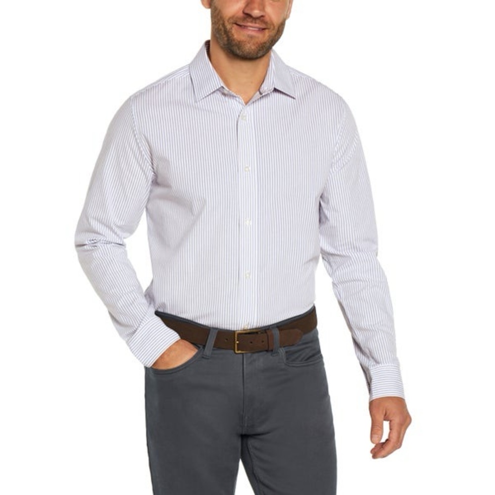 Costco Banana Republic Men's Slim Fit Poplin Dress Shirt White with Blue Stripes